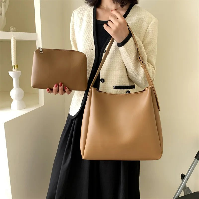 Valantomode | Luna Minimalist Hobo – Premium Vegan Leather Wide-Strap Shoulder Bag with Pouch