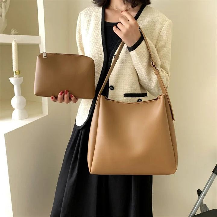 Valantomode | Luna Minimalist Hobo – Premium Vegan Leather Wide-Strap Shoulder Bag with Pouch