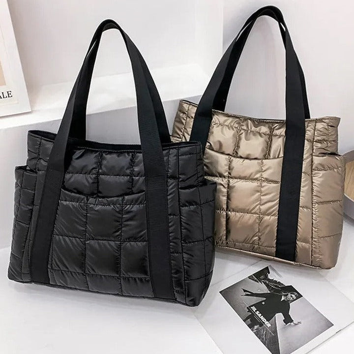 Valantomode | The Satin Aegis Logistics – Women's Premium Quilted High-Glow Tote Bag