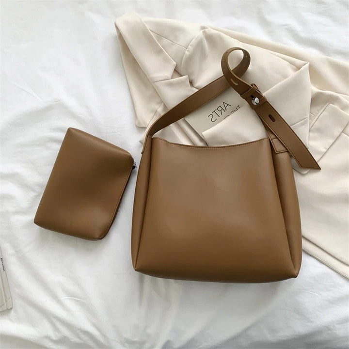 Valantomode | Luna Minimalist Hobo – Premium Vegan Leather Wide-Strap Shoulder Bag with Pouch