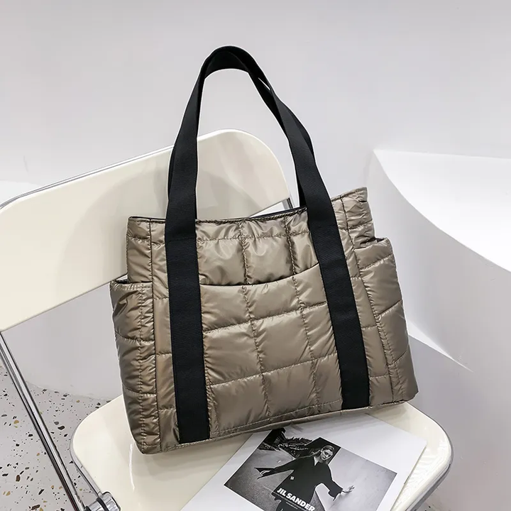 Valantomode | The Satin Aegis Logistics – Women's Premium Quilted High-Glow Tote Bag