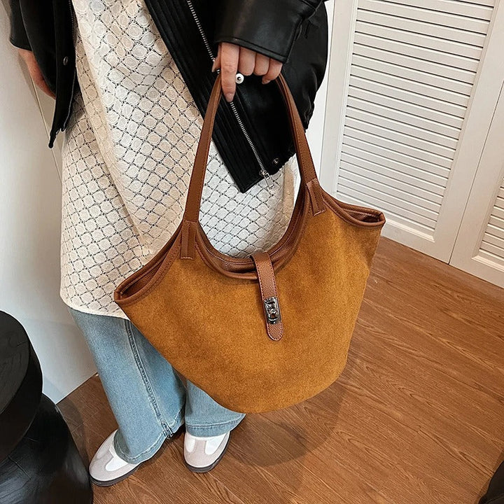 Valantomode | Velvet Nexus Cube – Compact Faux Suede Business Tote with Turn-Lock & Soft-Touch Handles