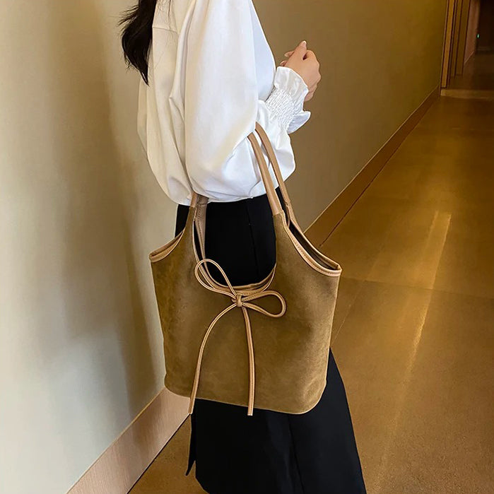 Valantomode | Velvet Ribbon Garrison – Premium Vegan Suede Tote with Soft-Touch Handle Straps