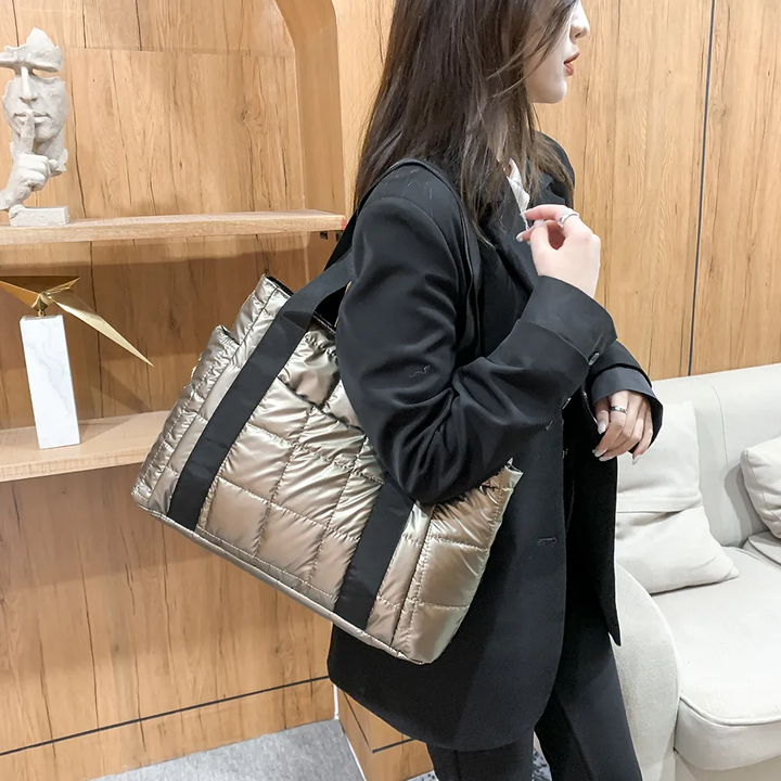 Valantomode | The Satin Aegis Logistics – Women's Premium Quilted High-Glow Tote Bag
