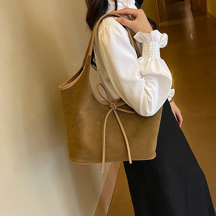 Valantomode | Velvet Ribbon Garrison – Premium Vegan Suede Tote with Soft-Touch Handle Straps