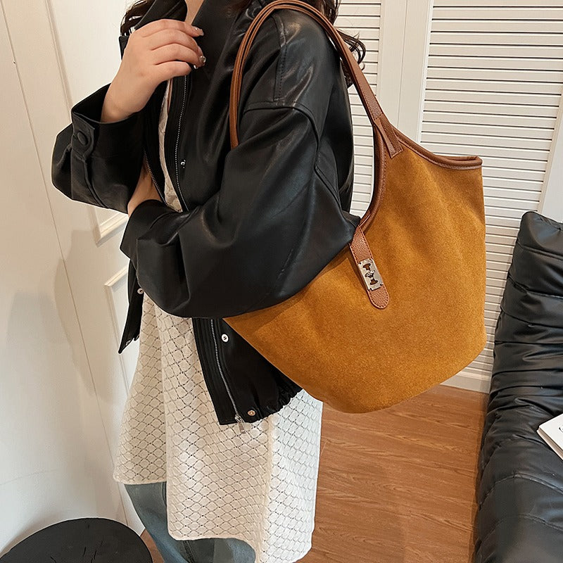 Valantomode | Velvet Nexus Cube – Compact Faux Suede Business Tote with Turn-Lock & Soft-Touch Handles