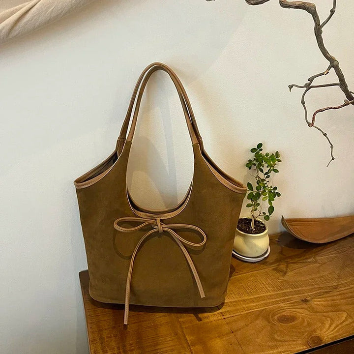 Valantomode | Velvet Ribbon Garrison – Premium Vegan Suede Tote with Soft-Touch Handle Straps