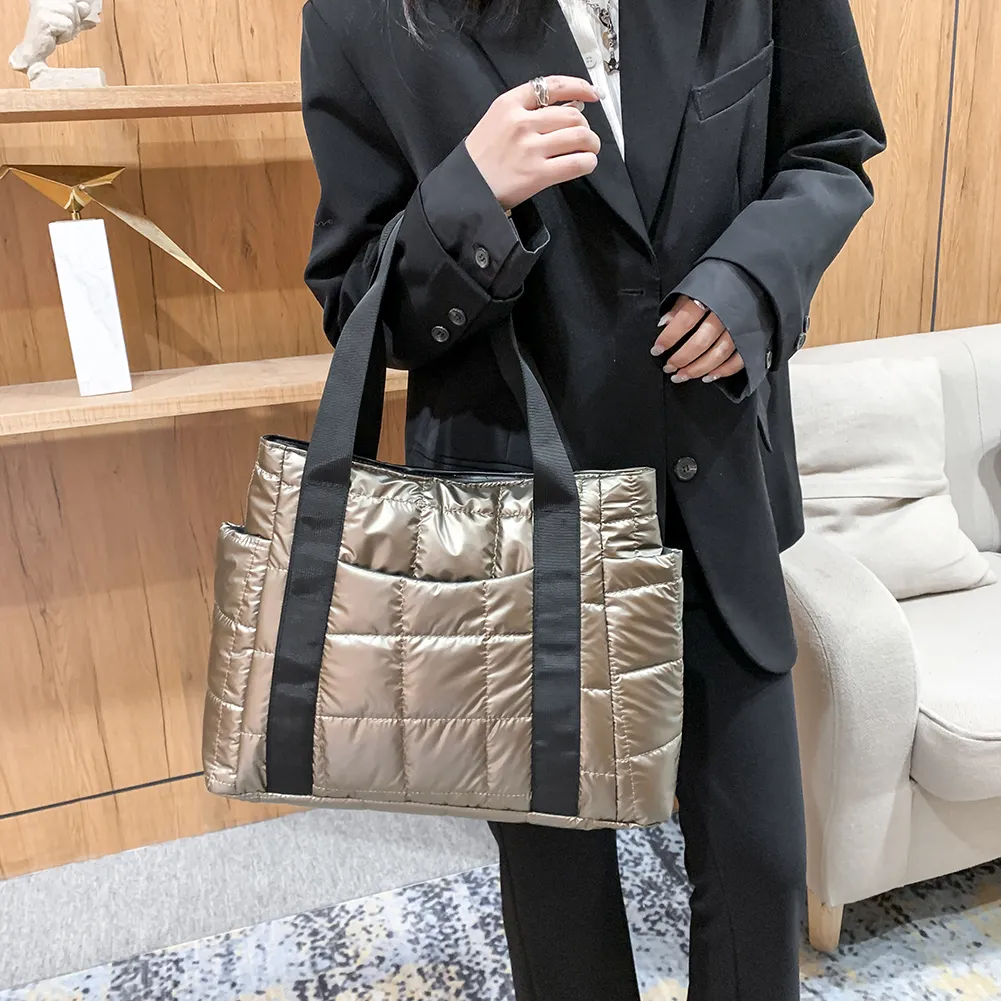 Valantomode | The Satin Aegis Logistics – Women's Premium Quilted High-Glow Tote Bag