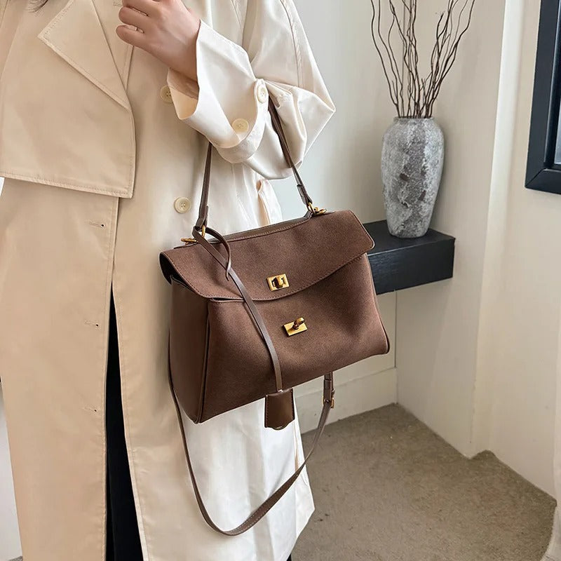 Valantomode | Velvet Vanguard Tote – Premium Faux Suede Business Bag with Turn-Lock & Vegan Leather Handles