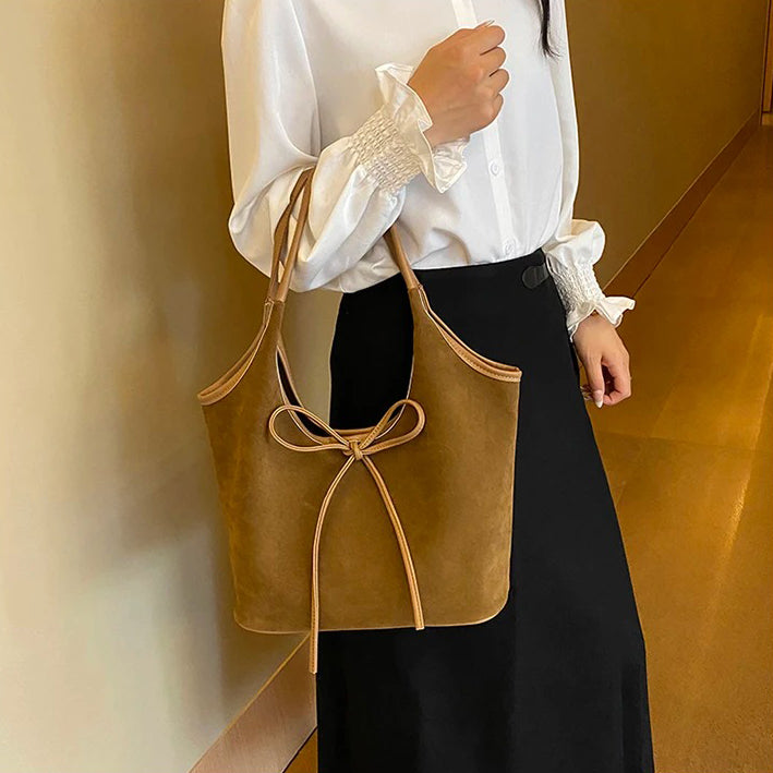 Valantomode | Velvet Ribbon Garrison – Premium Vegan Suede Tote with Soft-Touch Handle Straps