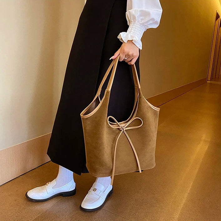 Valantomode | Velvet Ribbon Garrison – Premium Vegan Suede Tote with Soft-Touch Handle Straps