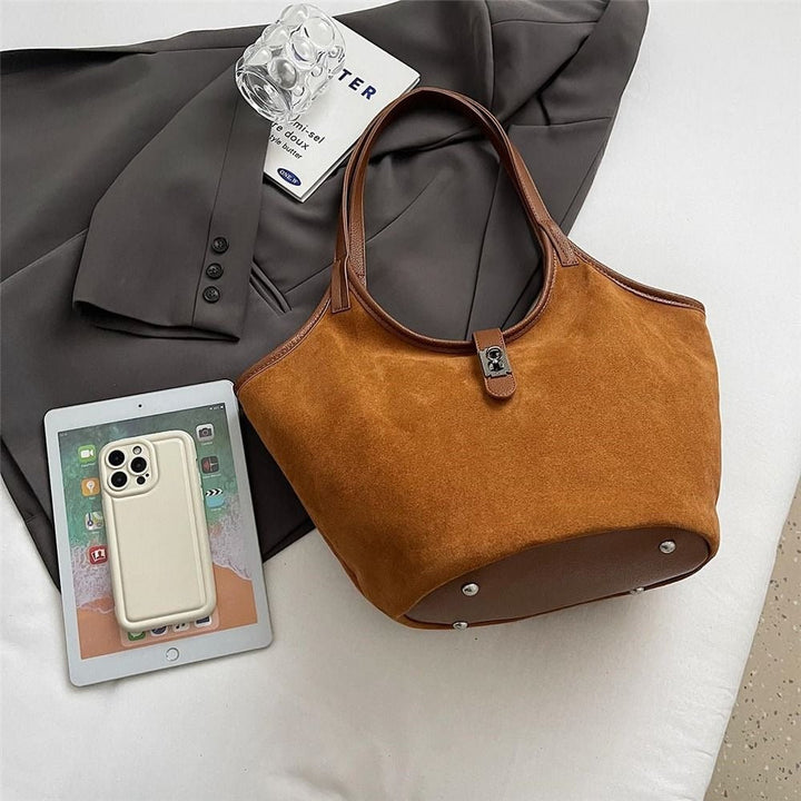 Valantomode | Velvet Nexus Cube – Compact Faux Suede Business Tote with Turn-Lock & Soft-Touch Handles