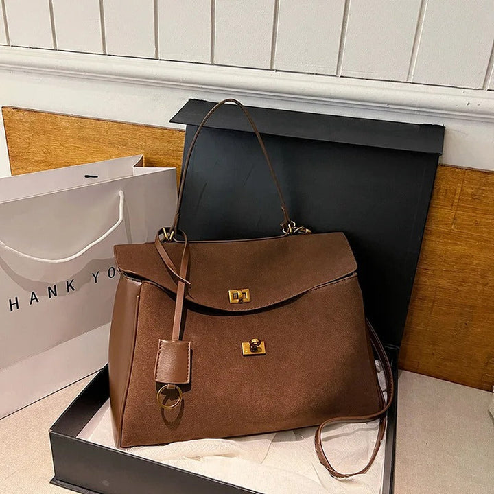Valantomode | Velvet Vanguard Tote – Premium Faux Suede Business Bag with Turn-Lock & Vegan Leather Handles