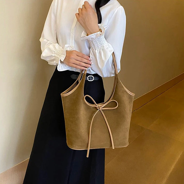 Valantomode | Velvet Ribbon Garrison – Premium Vegan Suede Tote with Soft-Touch Handle Straps