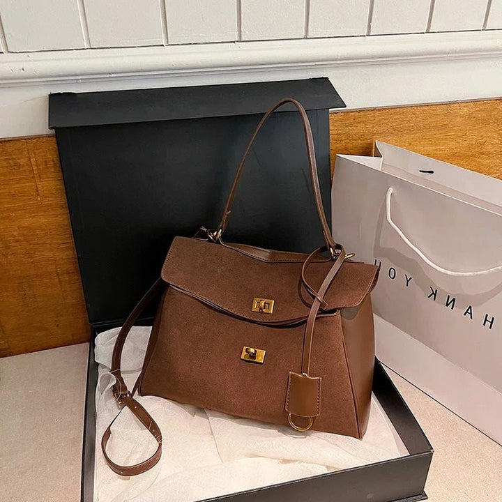 Valantomode | Velvet Vanguard Tote – Premium Faux Suede Business Bag with Turn-Lock & Vegan Leather Handles
