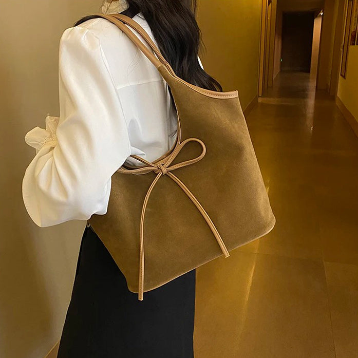 Valantomode | Velvet Ribbon Garrison – Premium Vegan Suede Tote with Soft-Touch Handle Straps