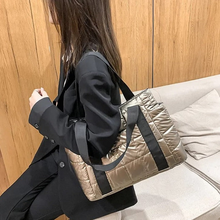 Valantomode | The Satin Aegis Logistics – Women's Premium Quilted High-Glow Tote Bag