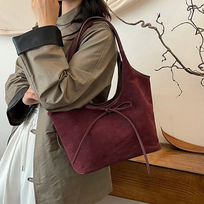 Valantomode | Velvet Ribbon Garrison – Premium Vegan Suede Tote with Soft-Touch Handle Straps