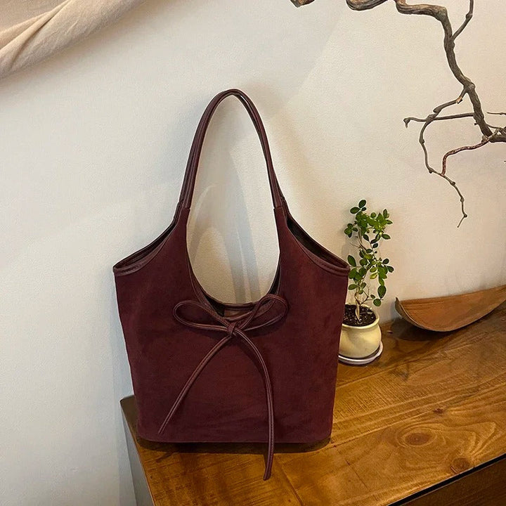 Valantomode | Velvet Ribbon Garrison – Premium Vegan Suede Tote with Soft-Touch Handle Straps