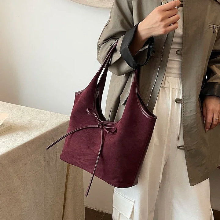 Valantomode | Velvet Ribbon Garrison – Premium Vegan Suede Tote with Soft-Touch Handle Straps