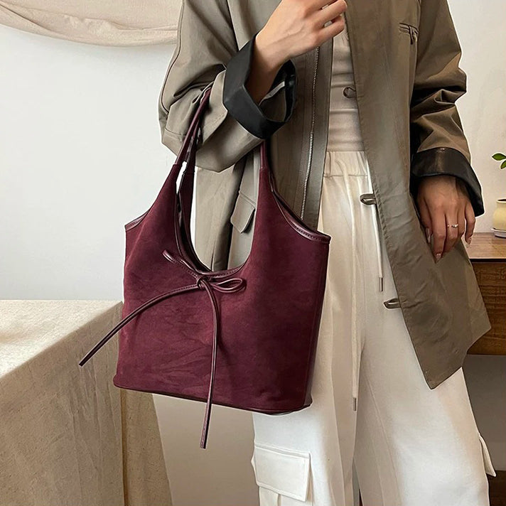 Valantomode | Velvet Ribbon Garrison – Premium Vegan Suede Tote with Soft-Touch Handle Straps