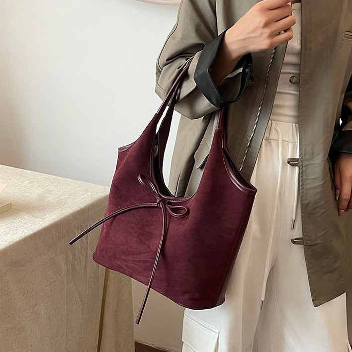 Valantomode | Velvet Ribbon Garrison – Premium Vegan Suede Tote with Soft-Touch Handle Straps