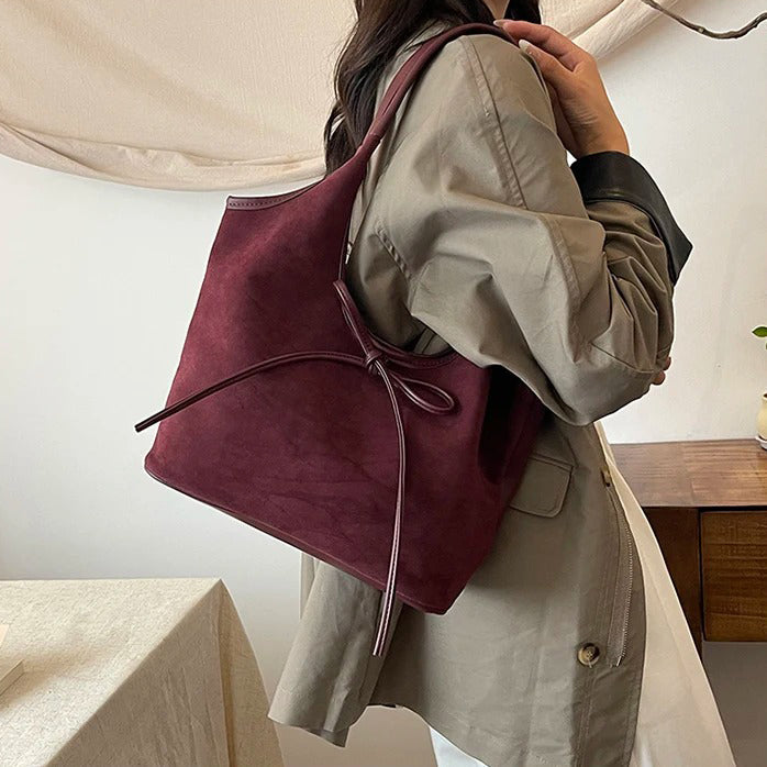 Valantomode | Velvet Ribbon Garrison – Premium Vegan Suede Tote with Soft-Touch Handle Straps