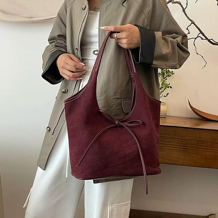 Valantomode | Velvet Ribbon Garrison – Premium Vegan Suede Tote with Soft-Touch Handle Straps