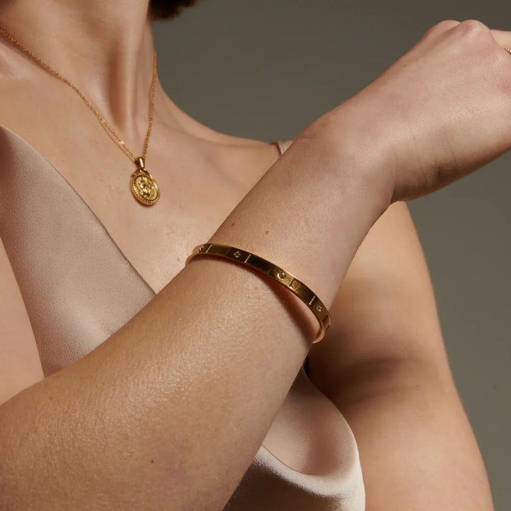 Valantomode | Plated Megan Bangle with Rectangular-Linear Architecture and Refractive Stone Assets
