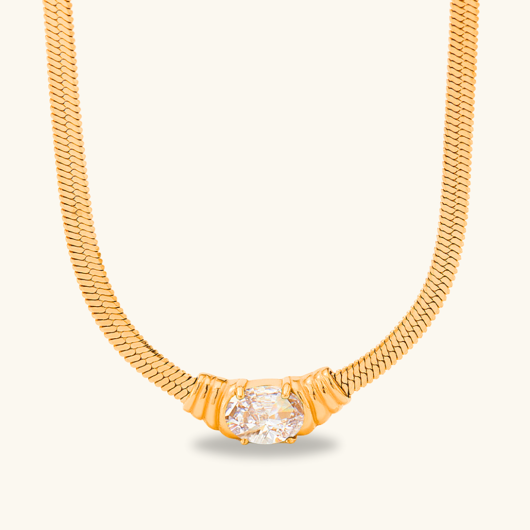 Valantomode | Plated Cairo Necklace with Linear-Monolithic Architecture and Refractive Stone Assets
