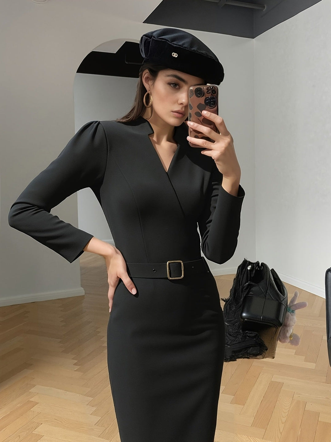 Valantomode | Chic Wrap Neckline Dress with Coordinating Belt