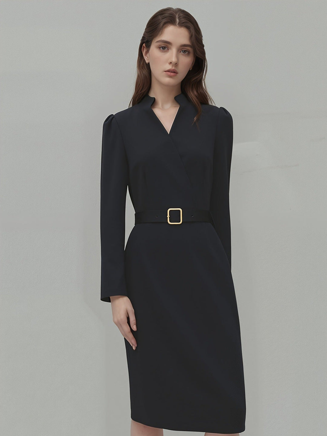 Valantomode | Chic Wrap Neckline Dress with Coordinating Belt
