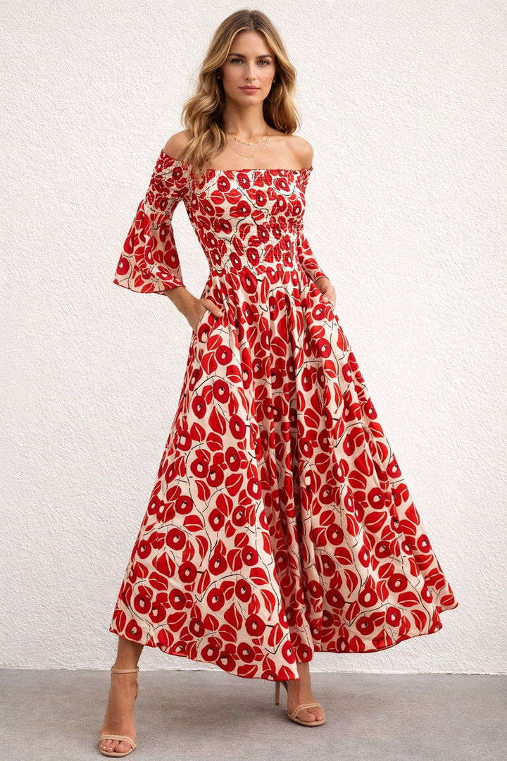 Valantomode | Floral Off-Shoulder Maxi Dress for Effortless Elegance