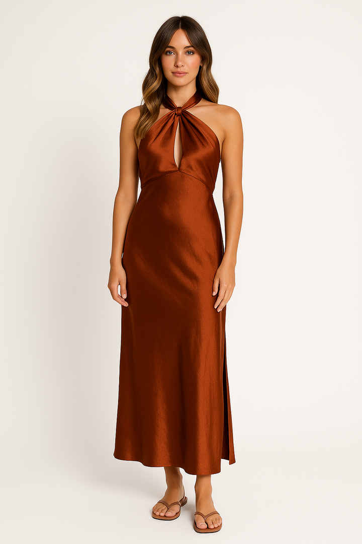 Valantomode | Chic Halter Neck Maxi Dress with Stylish Split