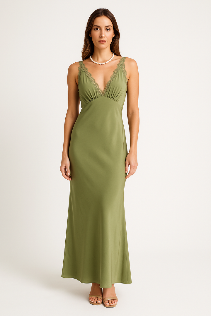Valantomode | Elegant Lace V-Neck Maxi Dress for Timeless Style