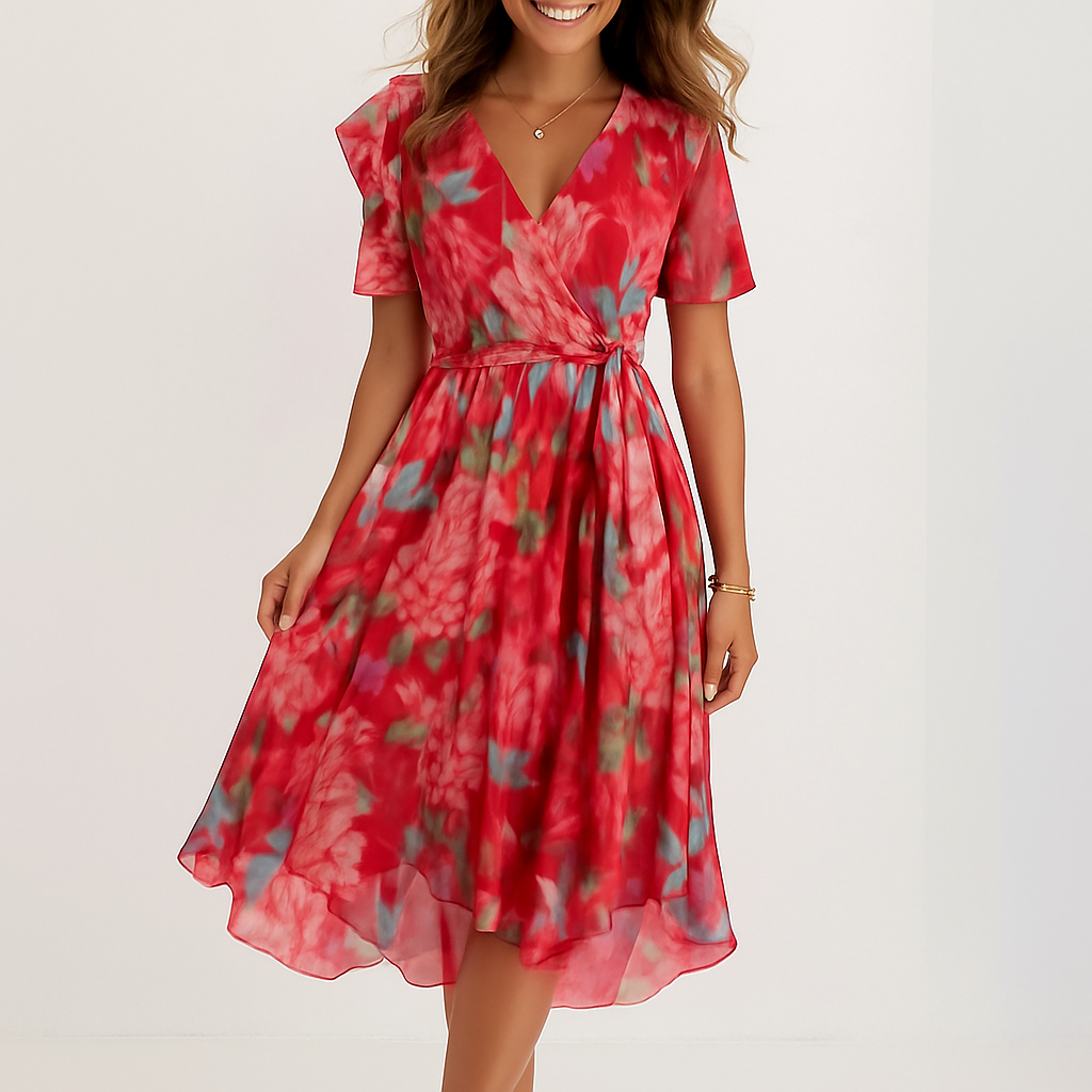 Valantomode | Floral V-Neck Midi Wrap Dress for Your Next Vacation