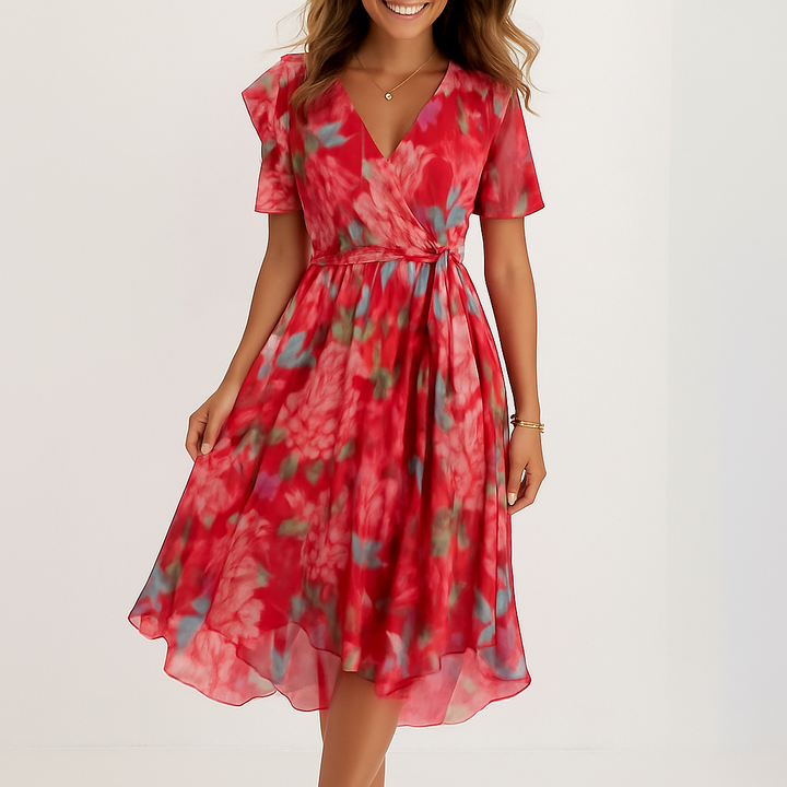 Valantomode | Floral V-Neck Midi Wrap Dress for Your Next Vacation