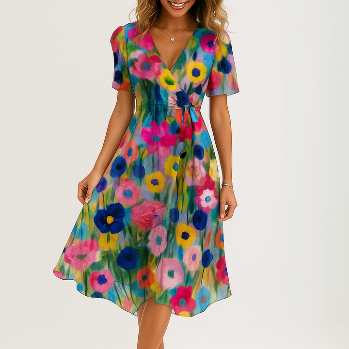Valantomode | Floral V-Neck Midi Wrap Dress for Your Next Vacation