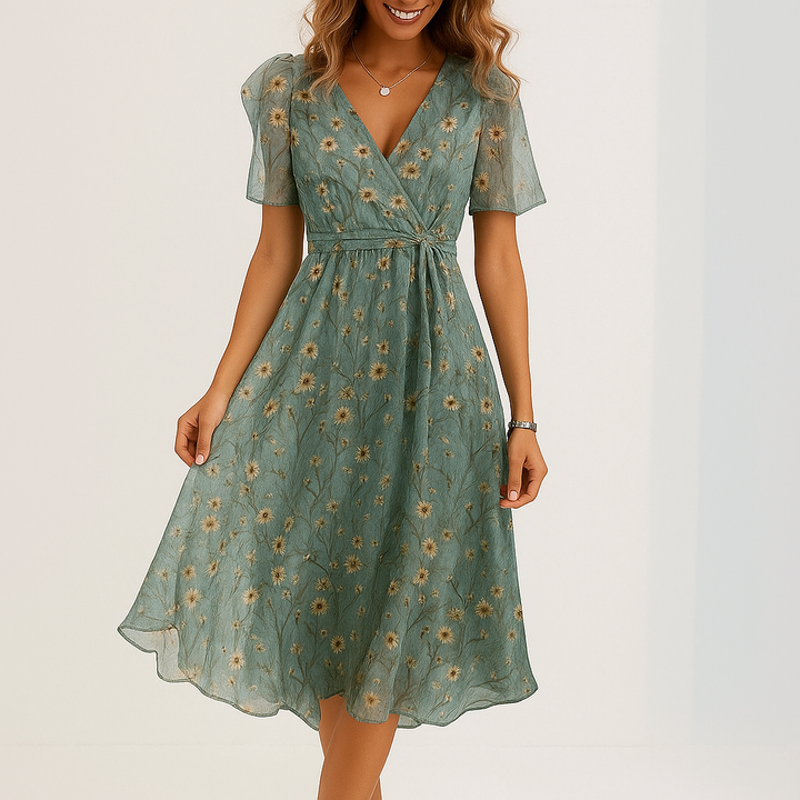 Valantomode | Floral V-Neck Midi Wrap Dress for Your Next Vacation