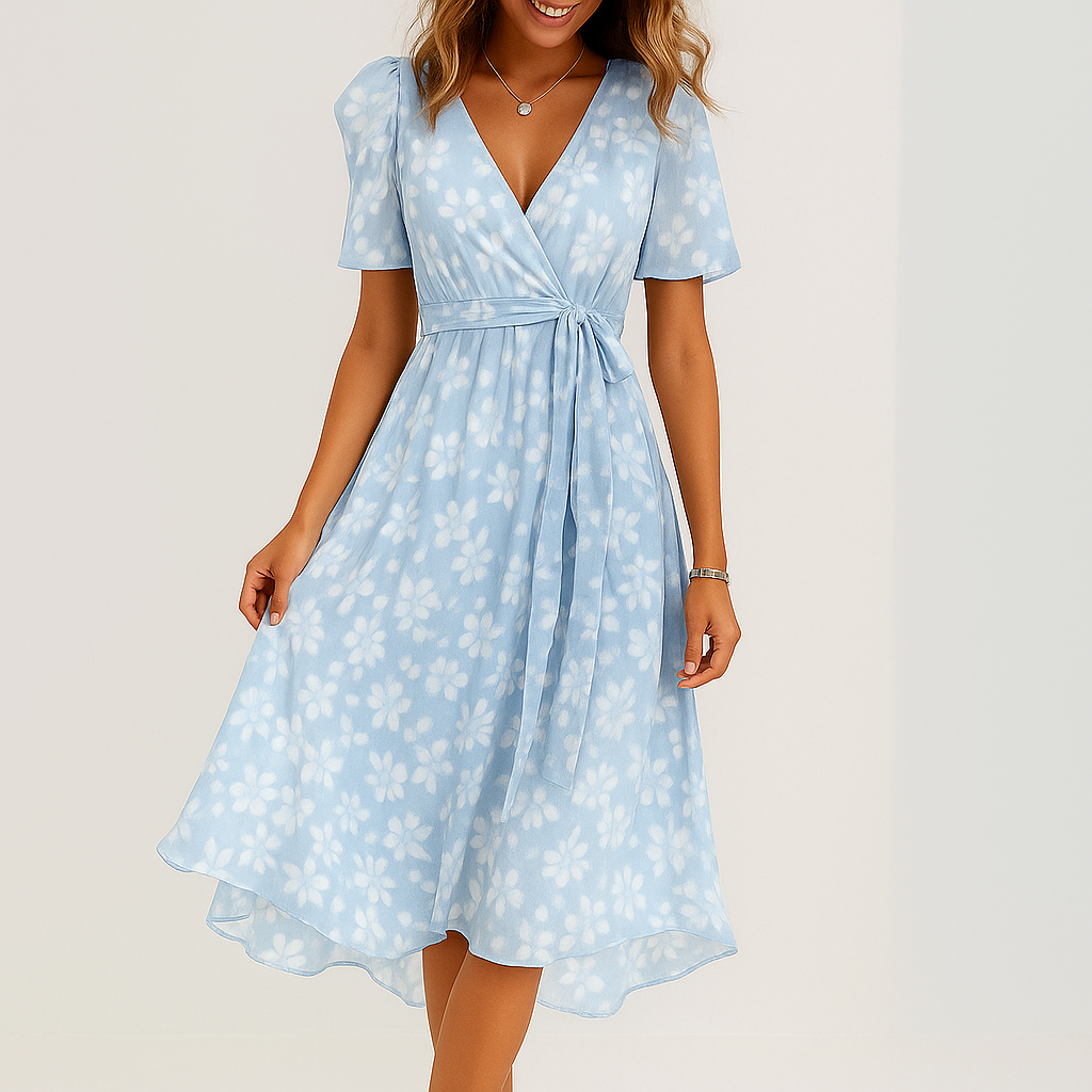 Valantomode | Floral V-Neck Midi Wrap Dress for Your Next Vacation
