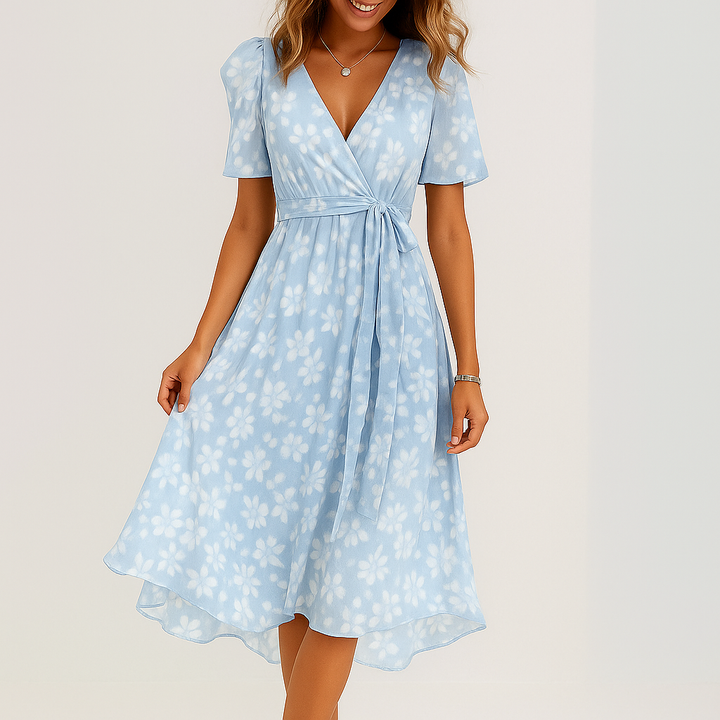 Valantomode | Floral V-Neck Midi Wrap Dress for Your Next Vacation