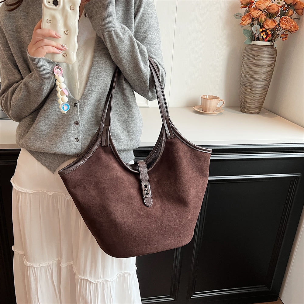 Valantomode | Velvet Nexus Cube – Compact Faux Suede Business Tote with Turn-Lock & Soft-Touch Handles