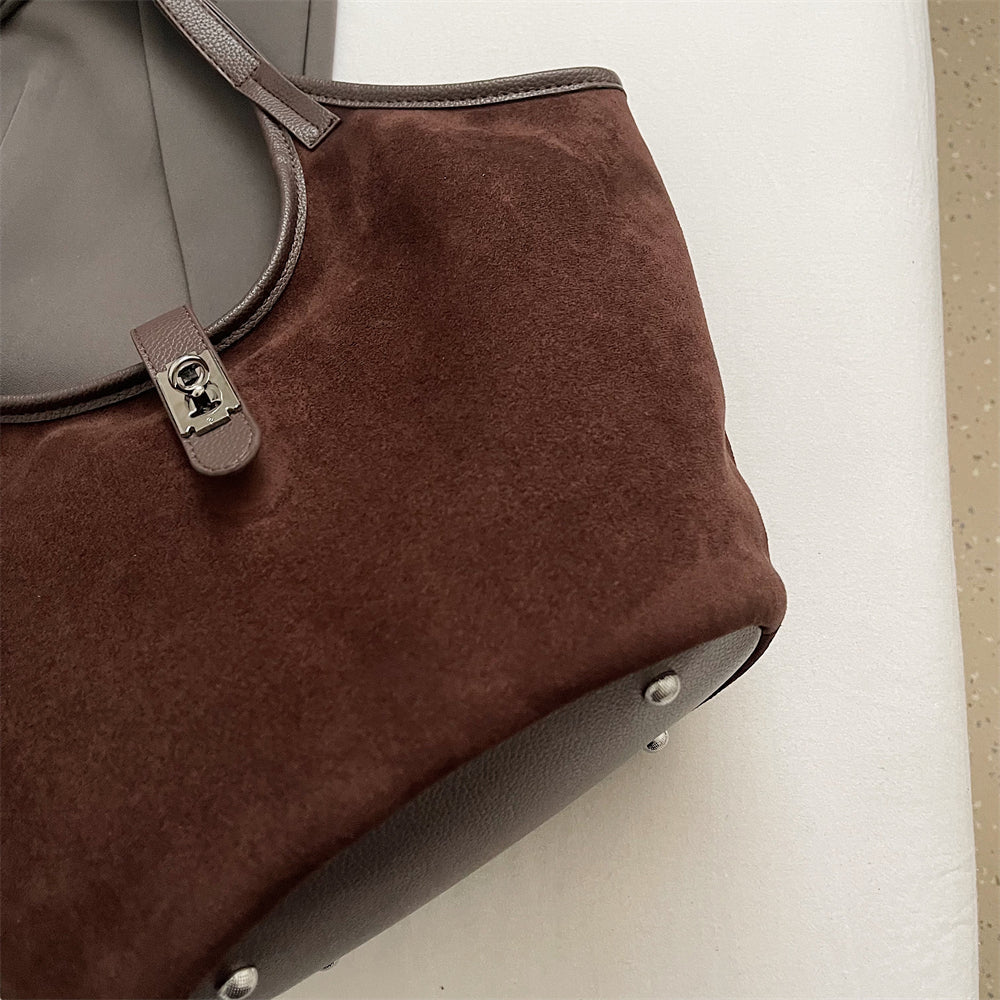 Valantomode | Velvet Nexus Cube – Compact Faux Suede Business Tote with Turn-Lock & Soft-Touch Handles