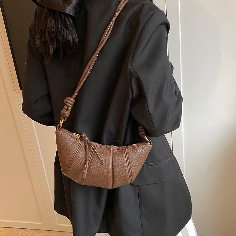 Valantomode | Aura Crescent Crossbody – Premium Vegan Leather Curved Shoulder Bag with Gold-Tone Accents
