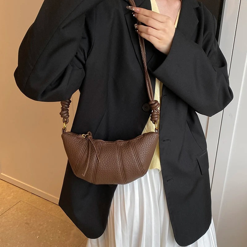 Valantomode | Aura Crescent Crossbody – Premium Vegan Leather Curved Shoulder Bag with Gold-Tone Accents