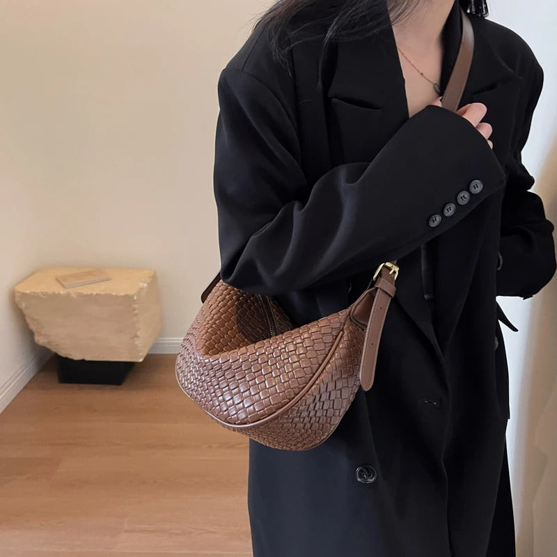Valantomode | The Tesla Interlace Garrison – Women's Premium Braided Vegan Leather Half-Moon Handbag