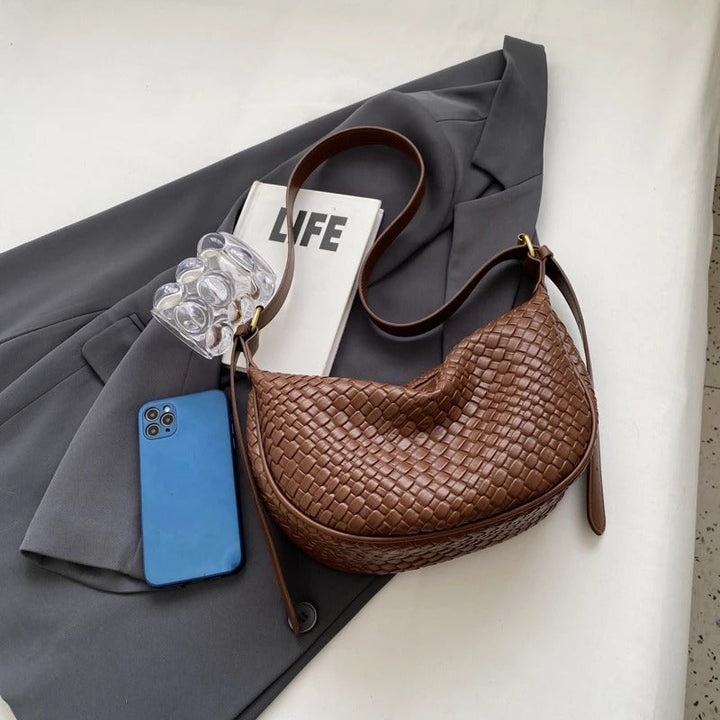 Valantomode | The Tesla Interlace Garrison – Women's Premium Braided Vegan Leather Half-Moon Handbag