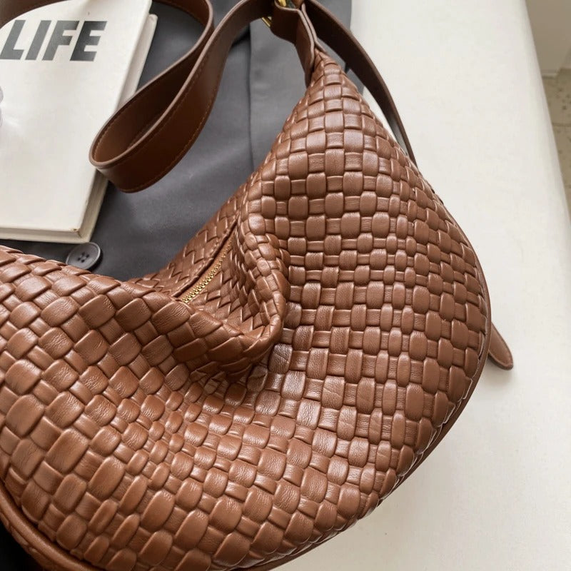 Valantomode | The Tesla Interlace Garrison – Women's Premium Braided Vegan Leather Half-Moon Handbag