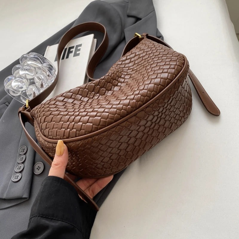 Valantomode | The Tesla Interlace Garrison – Women's Premium Braided Vegan Leather Half-Moon Handbag
