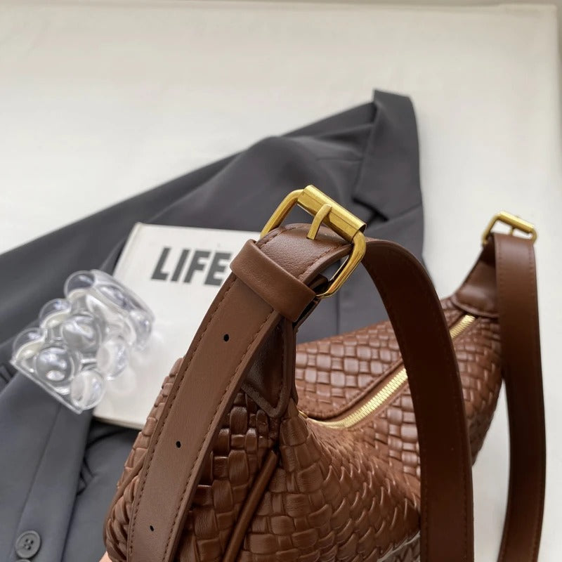 Valantomode | The Tesla Interlace Garrison – Women's Premium Braided Vegan Leather Half-Moon Handbag
